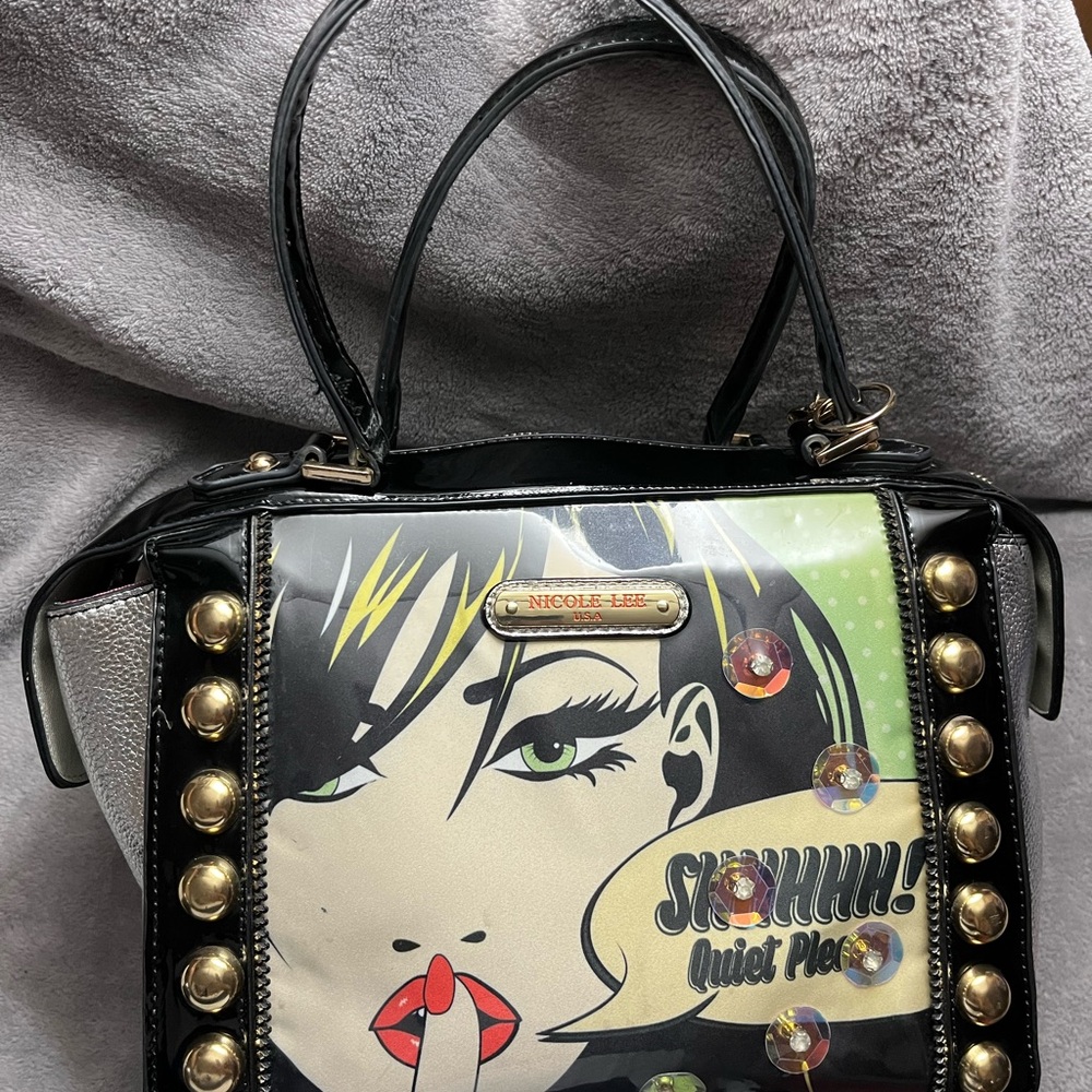 Nicole Lee Pop Art Black and Silver Satchel